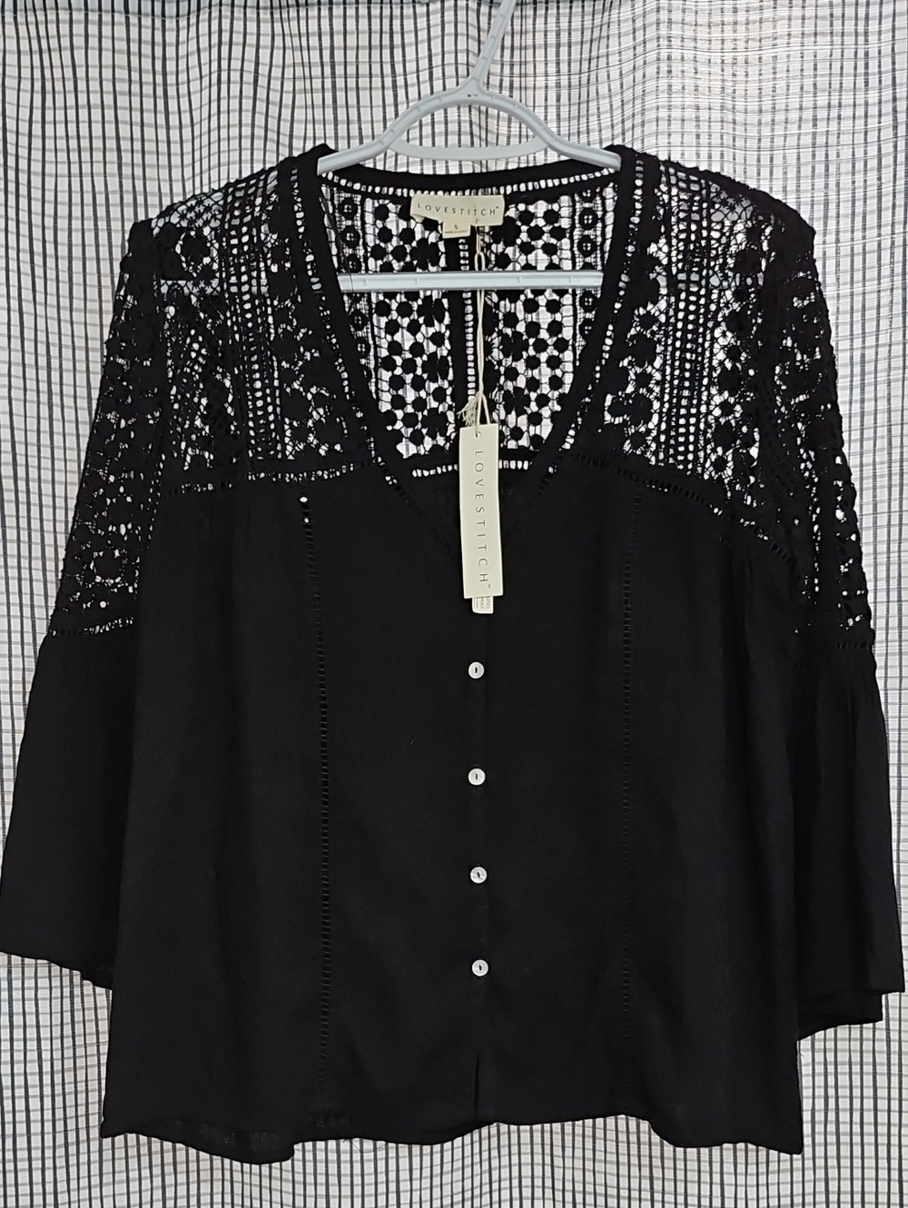 NWT Lovestitch Black Button Up Crochet Lace Boho Bell Sleeve Top Small